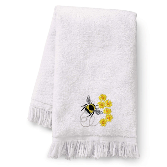 Embroidered Bumble Bee Fingertip Towel. A touch of sunshine, stitched in elegance.