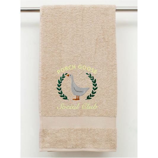 Embroidered Porch Goose Social Club on Hand Towel. Adorable Porch Goose on Plush Cotton Hand Towel