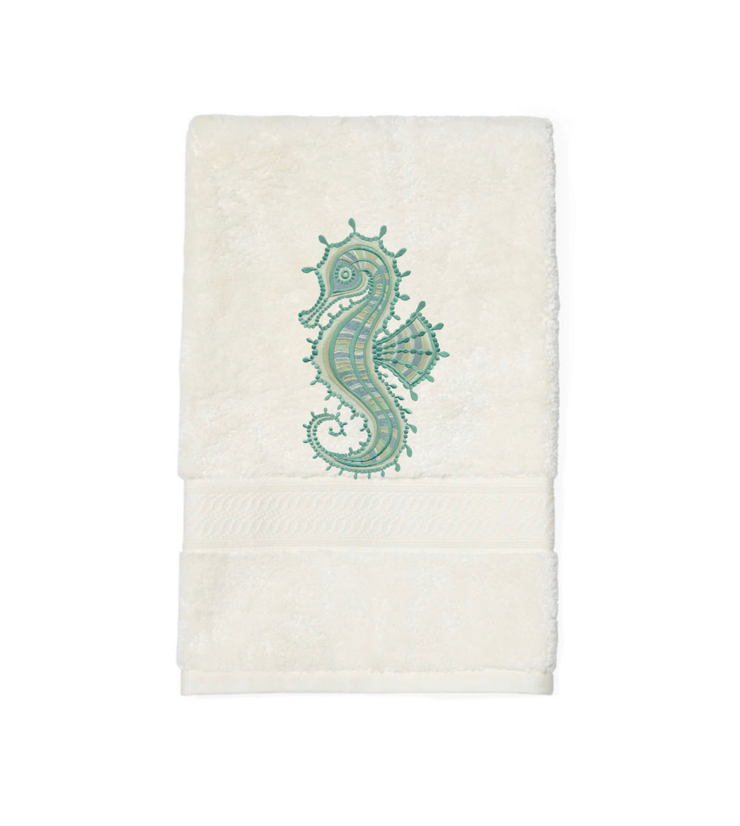Seahorse Embroidered Bath Hand Towel. Gorgeous Ocean Seahorse in Green Shades