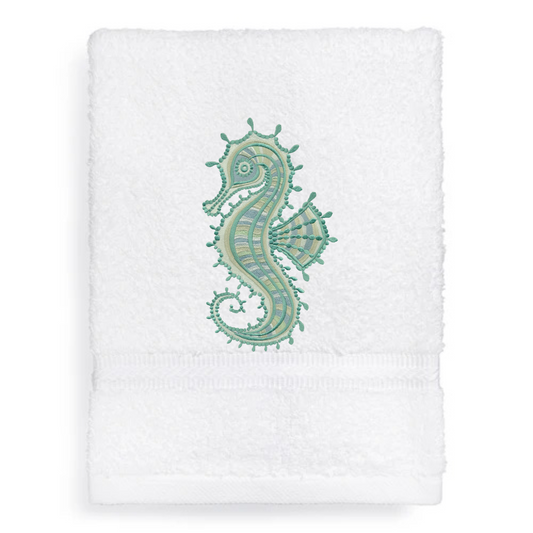 Seahorse Embroidered Bath Hand Towel. Gorgeous Ocean Seahorse in Green Shades