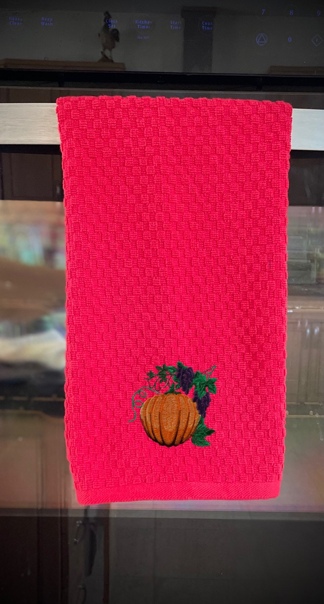 Pumpkin Embroidered Kitchen Towel.  Autumn Theme Cotton Dish Towels