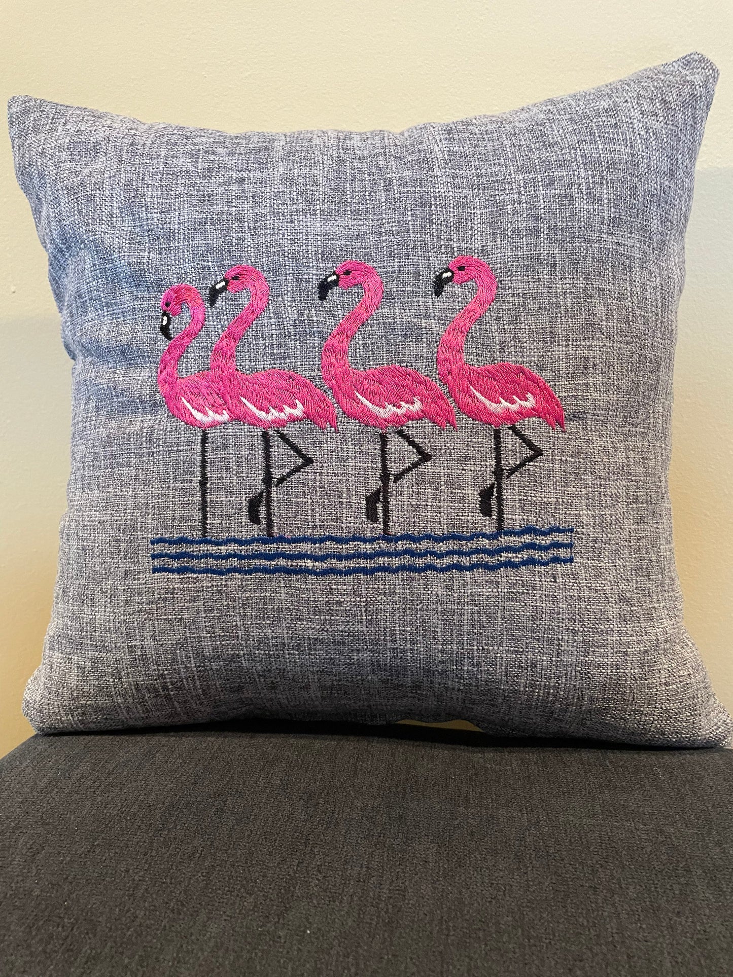Flamingos Embroidered Throw Pillow Cover. Cotton decorative pillow cover | 16” x 16”