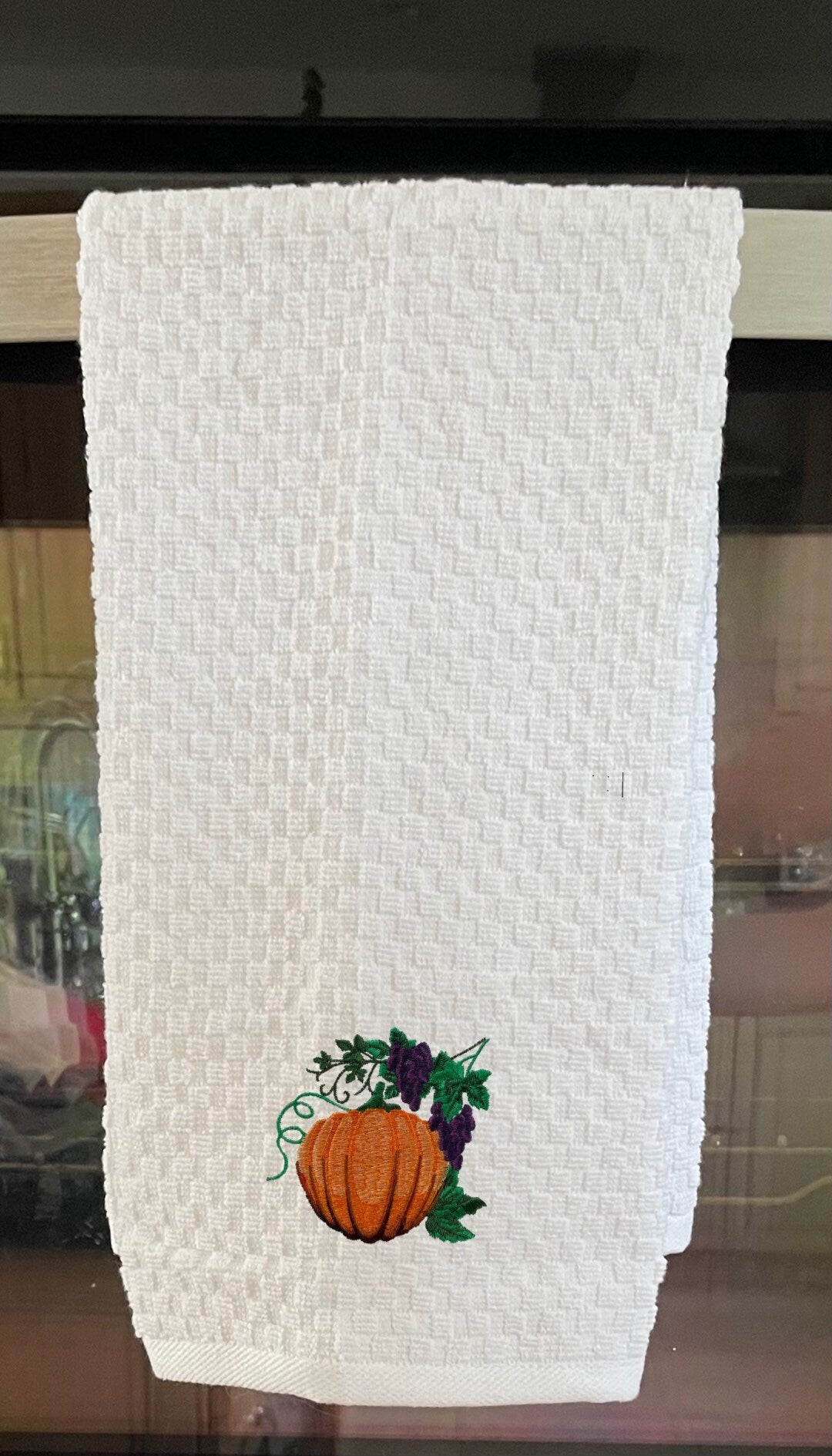 Pumpkin Embroidered Kitchen Towel.  Autumn Theme Cotton Dish Towels
