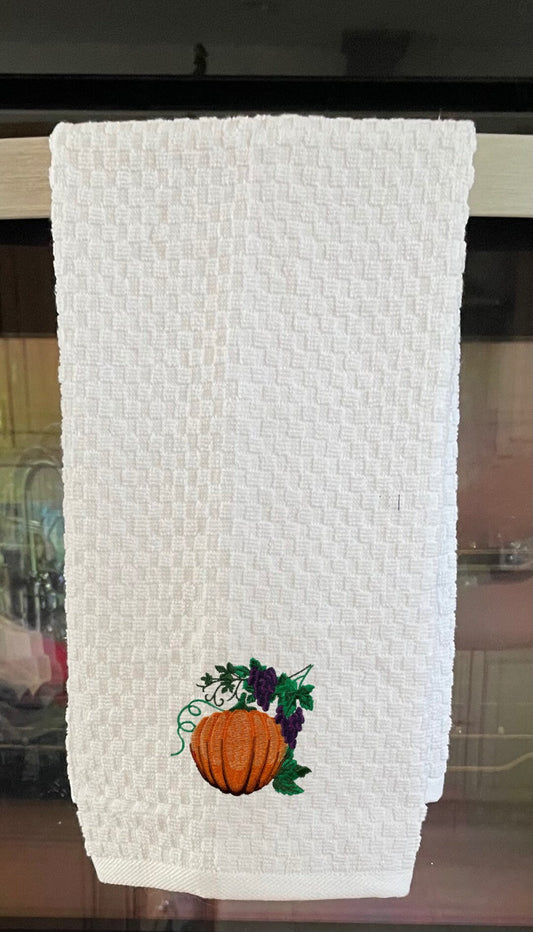 Pumpkin Embroidered Kitchen Towel. Autumn Theme Cotton Dish Towels