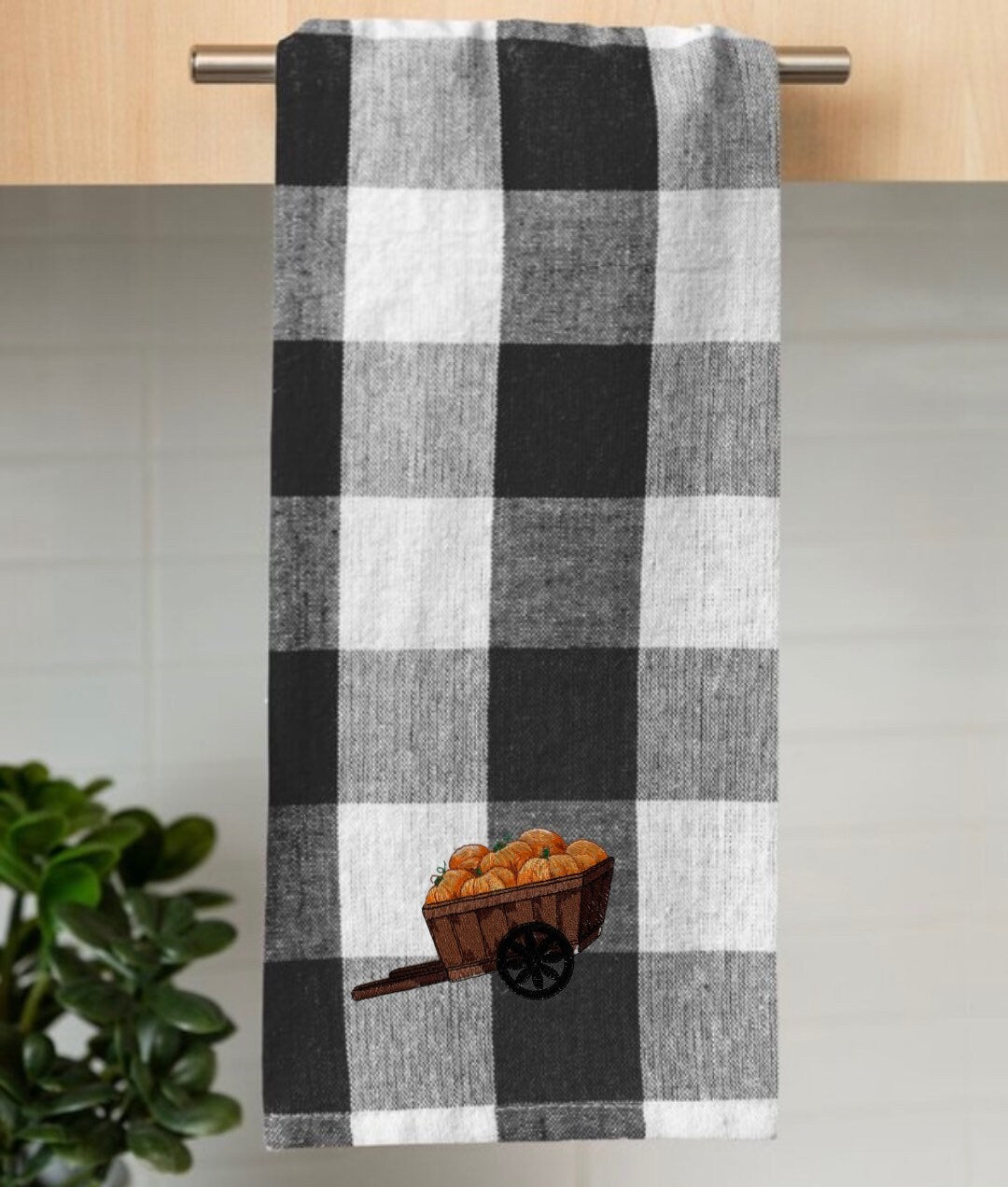 Wagon of Pumpkins Embroidered Kitchen Towel. 100% Cotton Towels