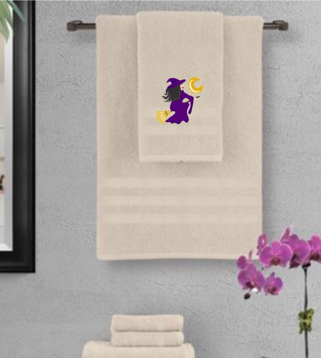 Halloween Witch Embroidered Bath Towels. 100% Cotton Hand or Fingertip Towel