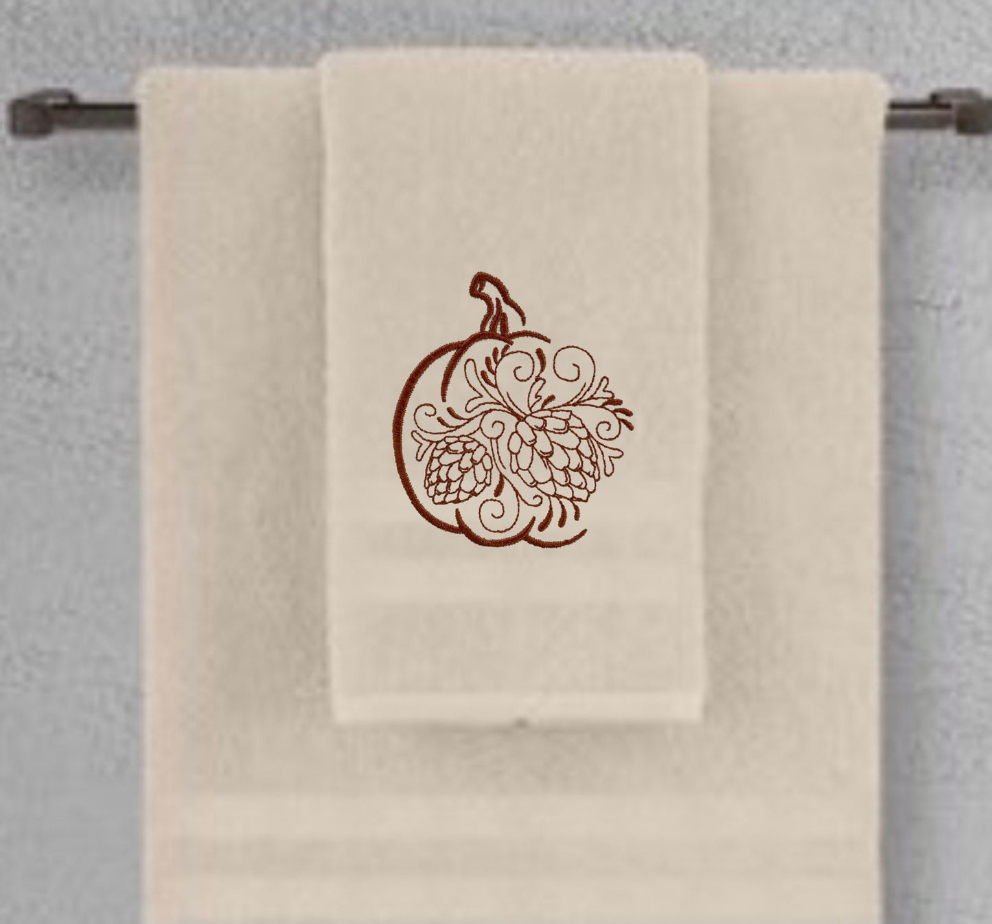 Decorative Autumn Pumpkin and Pine Cones Embroidered Bath Towels. 100% Cotton Hand or Fingertip Towel