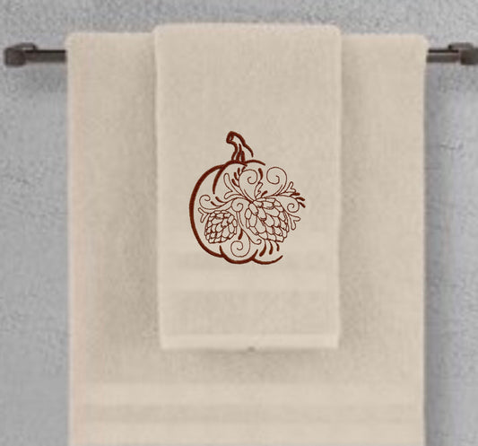 Decorative Autumn Pumpkin and Pine Cones Embroidered Bath Towels. 100% Cotton Hand or Fingertip Towel