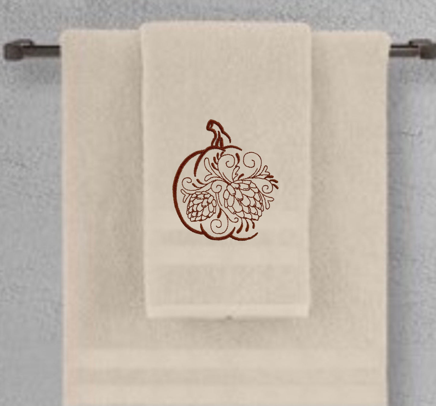 Decorative Autumn Pumpkin and Pine Cones Embroidered Bath Towels. 100% Cotton Hand or Fingertip Towel