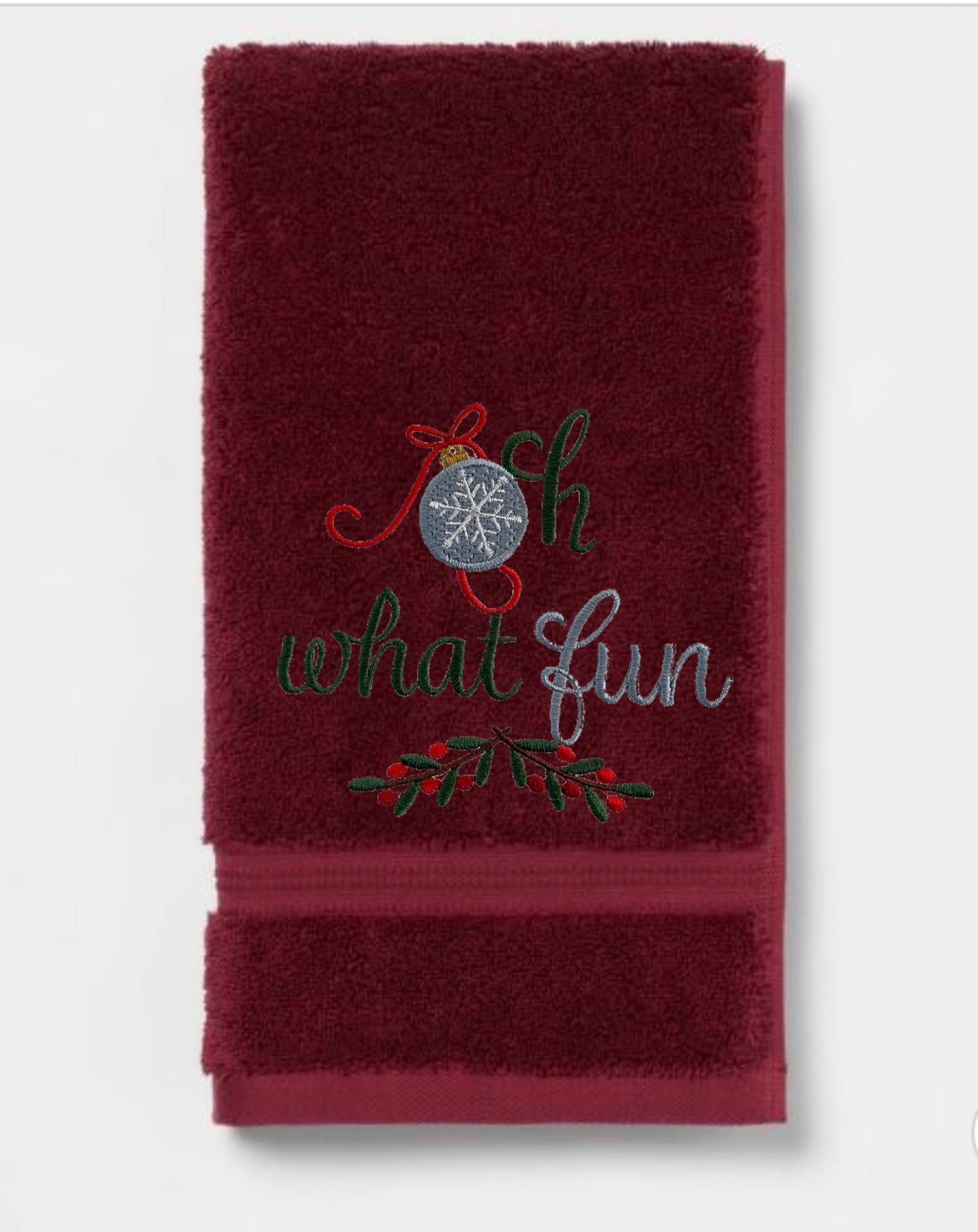 Embroidered Winter Christmas Towels “Oh What Fun” Bath Towels. 100% Plush Cotton Hand or Fingertip Towel