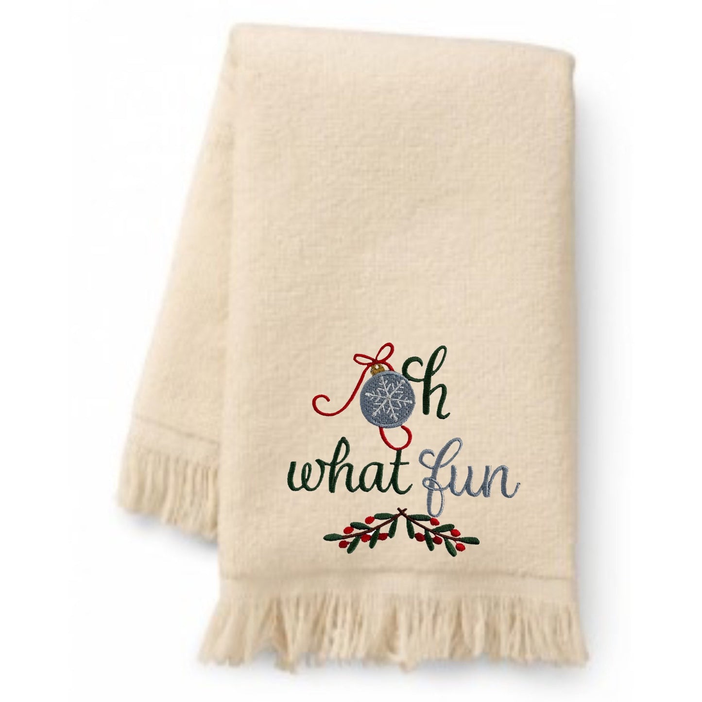 Embroidered Winter Christmas Towels “Oh What Fun” Bath Towels. 100% Plush Cotton Hand or Fingertip Towel