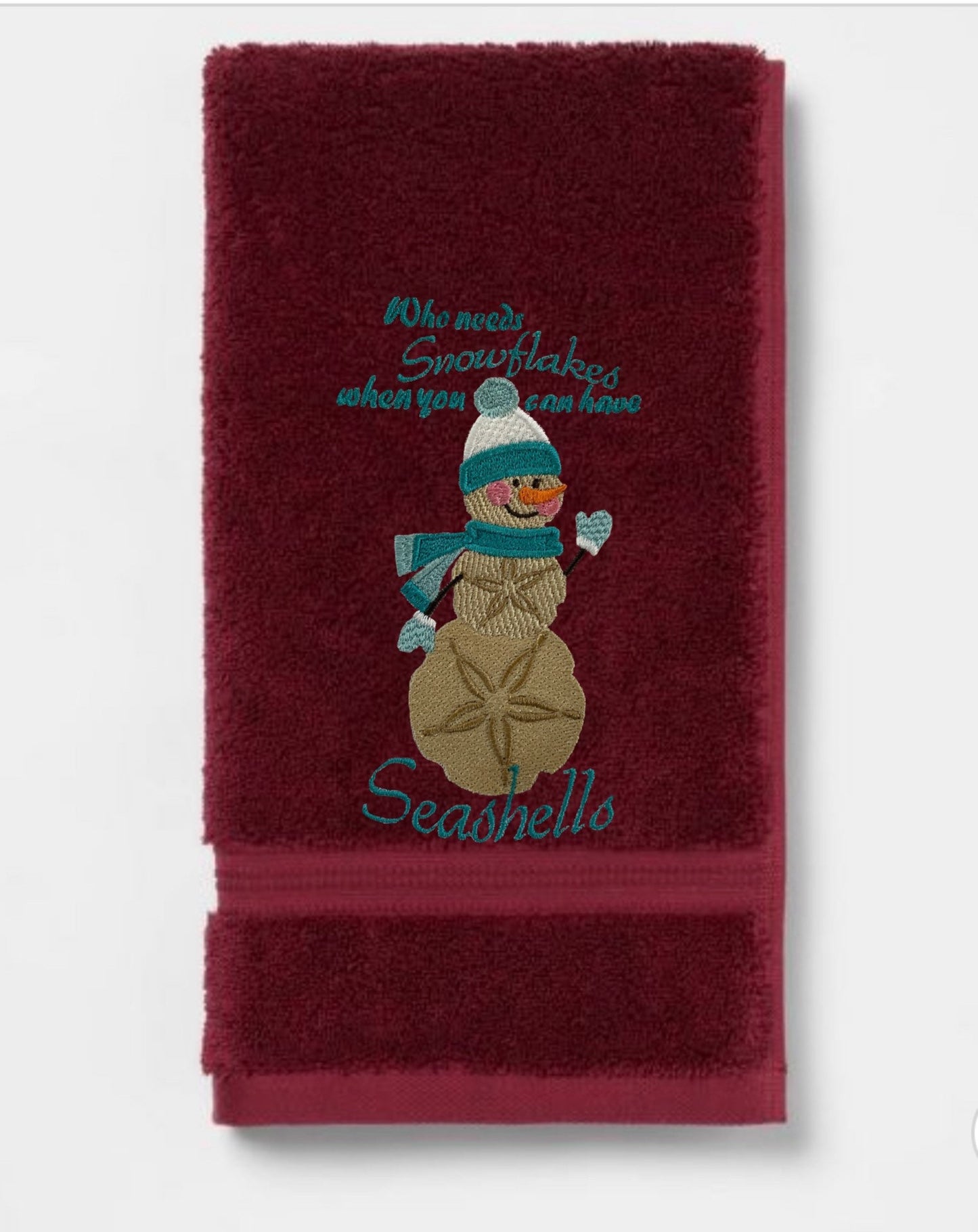 Embroidered Winter “Who Needs Snowflakes When You Have Seashells” Guest Bath Towels. 100% Plush Cotton Hand Towel