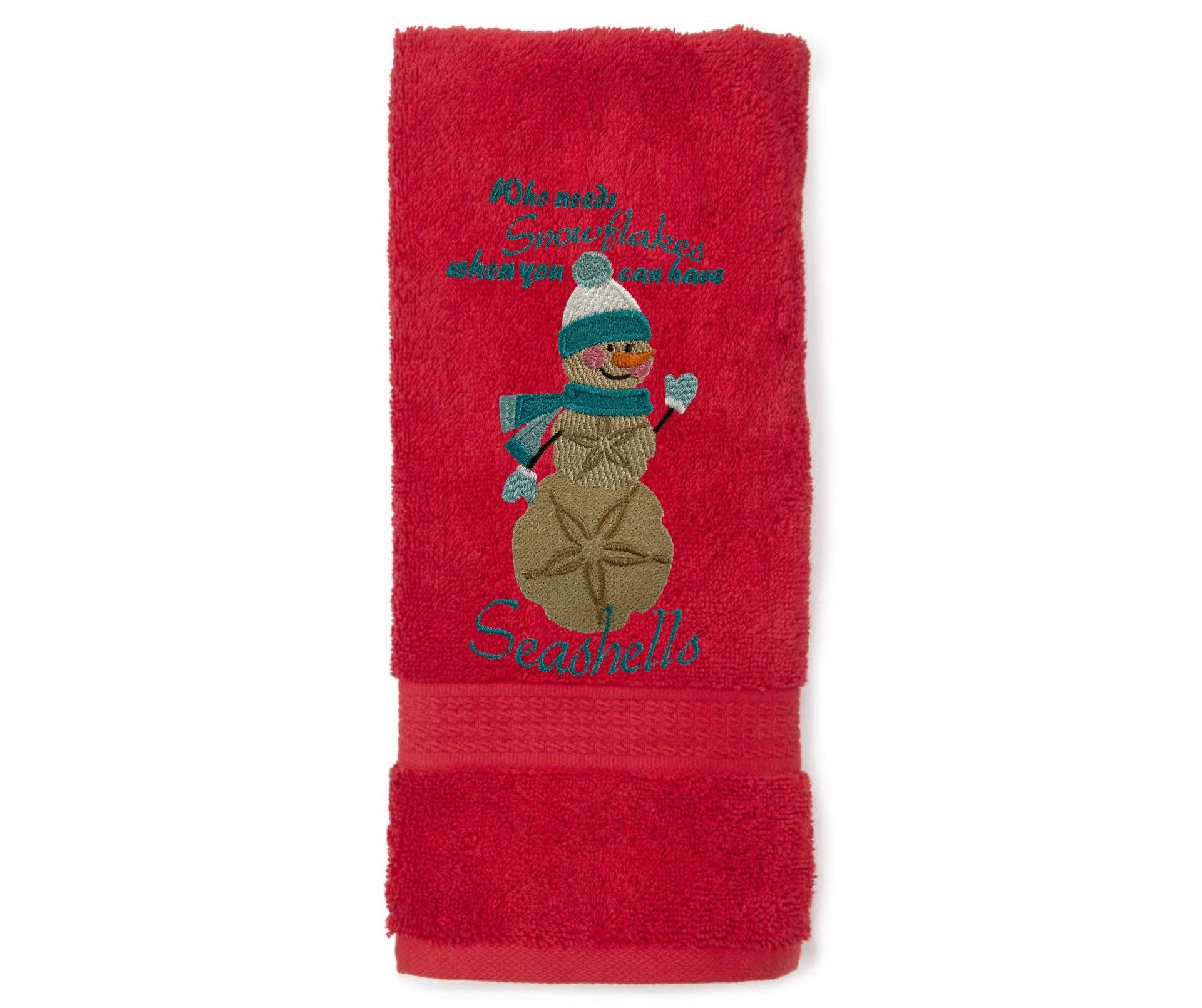 Embroidered Winter “Who Needs Snowflakes When You Have Seashells” Guest Bath Towels. 100% Plush Cotton Hand Towel