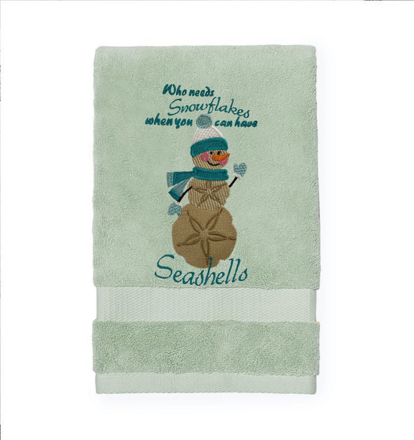 Embroidered Winter “Who Needs Snowflakes When You Have Seashells” Guest Bath Towels. 100% Plush Cotton Hand Towel