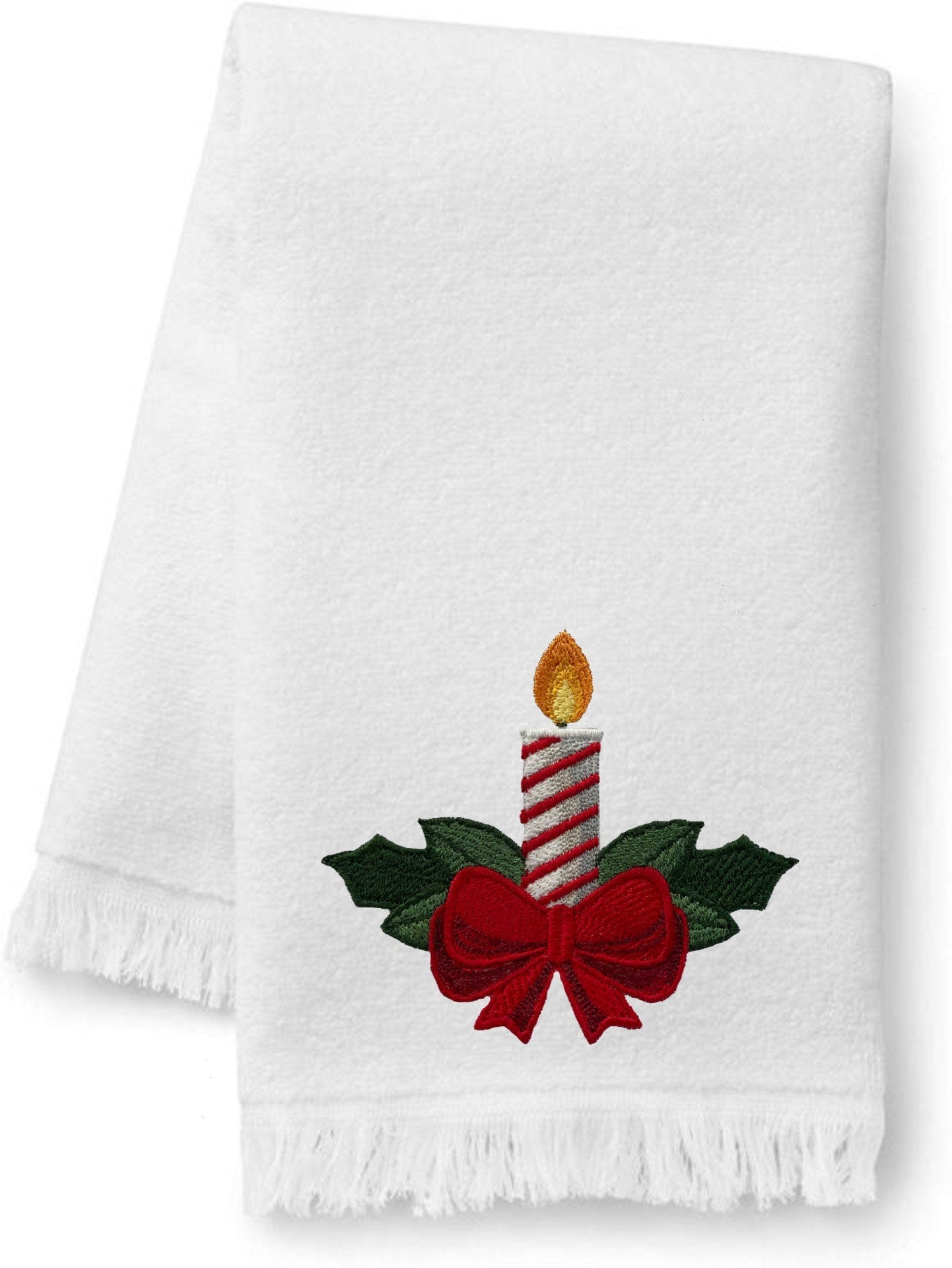 Embroidered Winter Christmas Candle Bath Towels. 100% Plush Cotton Hand or Fingertip Towel