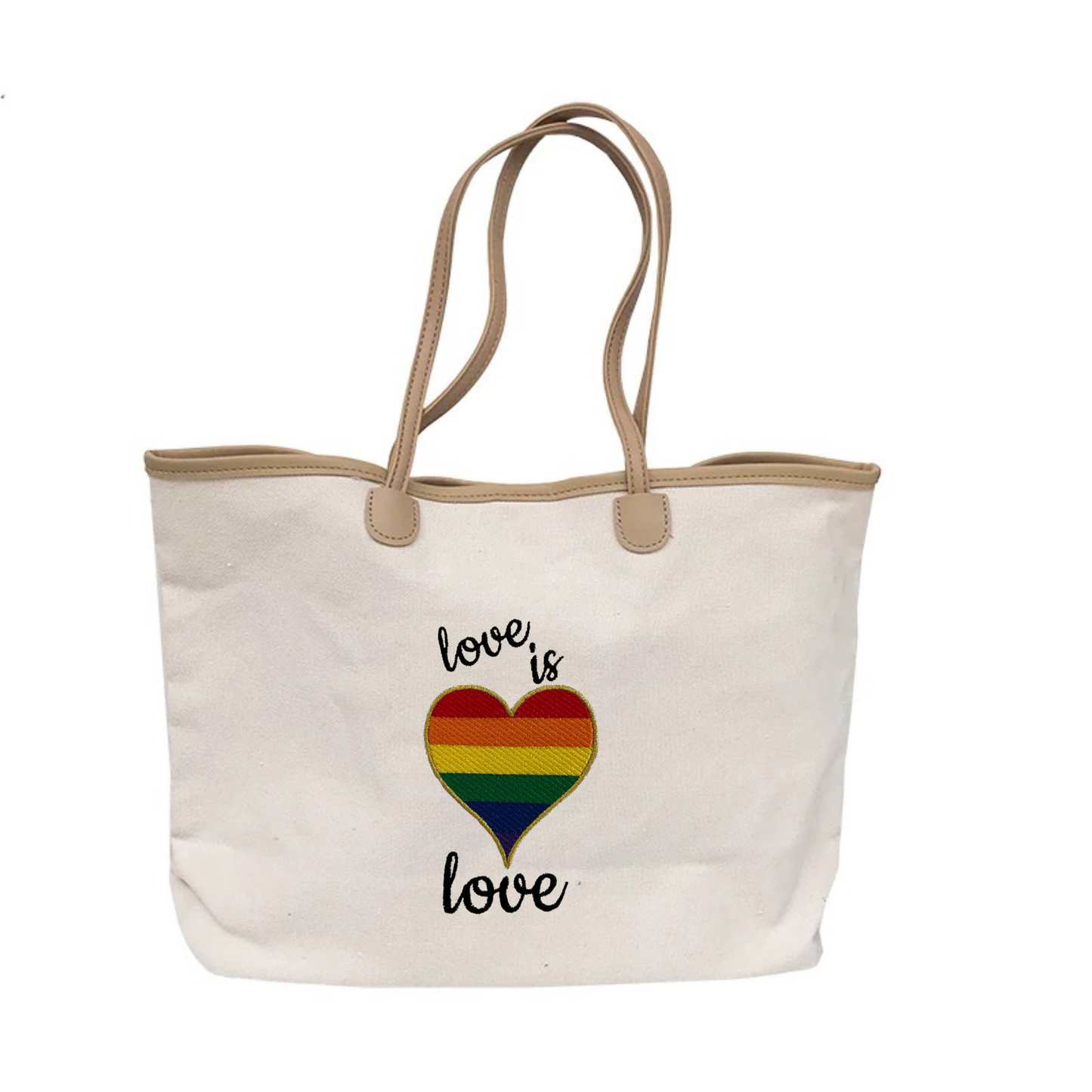 Rainbow Heart Love is Love Pride Embroidered Cotton Canvas Market Bag. Choice of 5 different bags