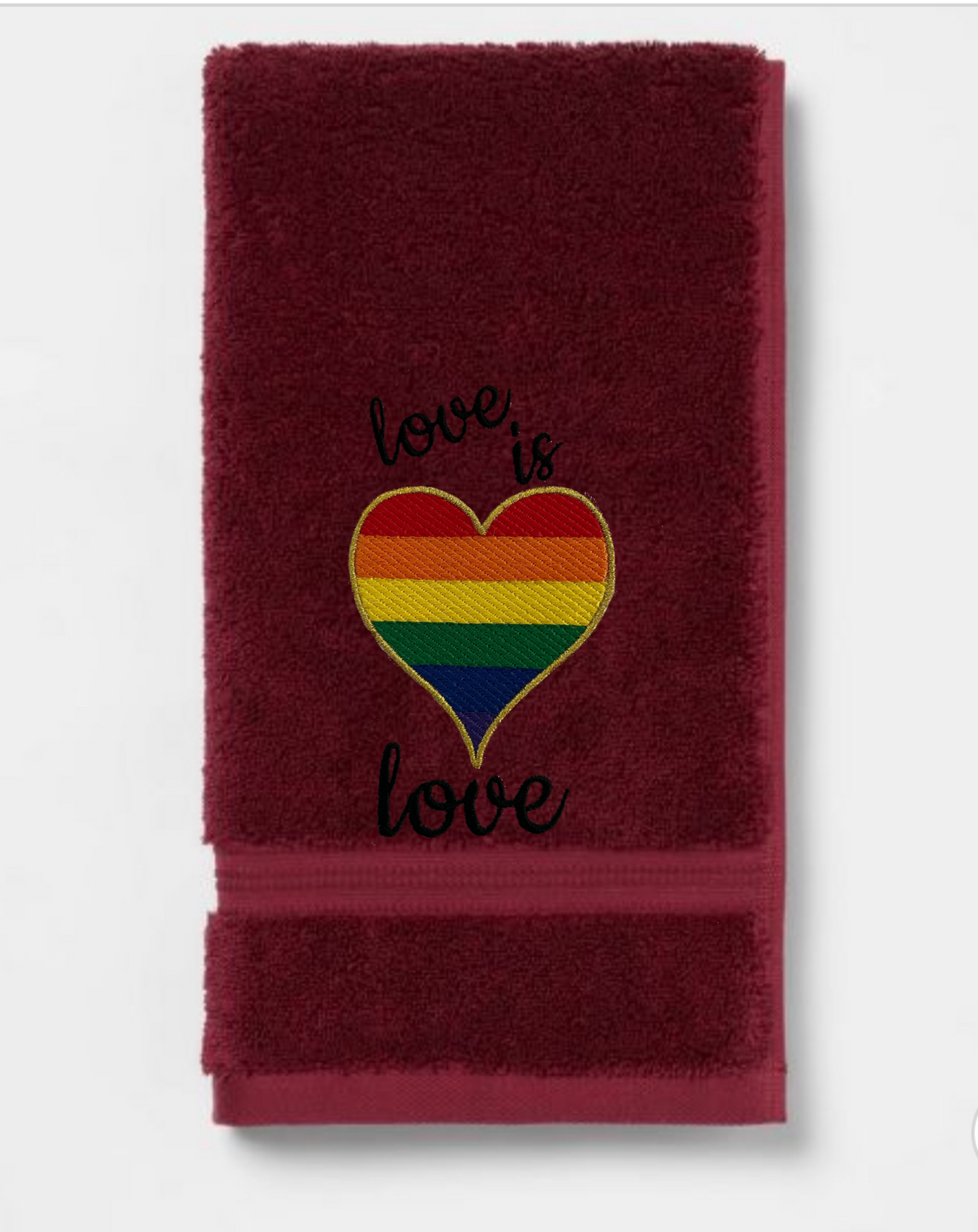 Rainbow Heart Love is Love Embroidered Guest Bath Hand Towel.