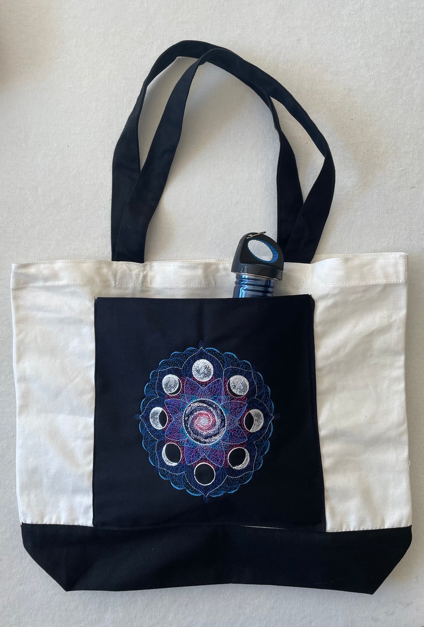 Cosmic Moon Phases with Pocket Embroidered Cotton Canvas Tote Bag