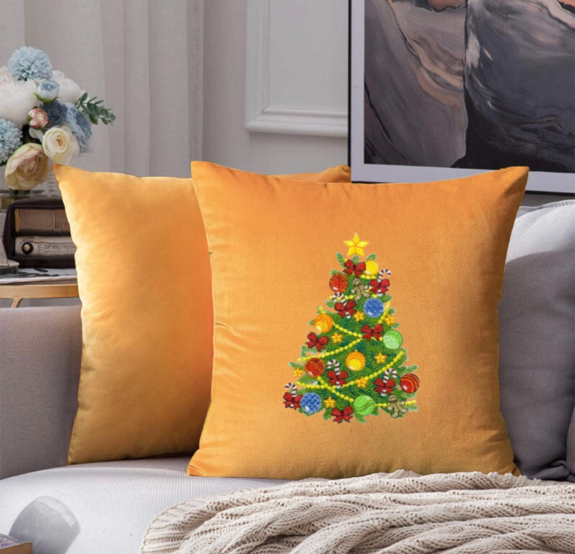 Christmas Tree Embroidered Throw Pillow Cover 18" x 18” Cotton or Velvet Accent Pillow Cover Zip Closure.