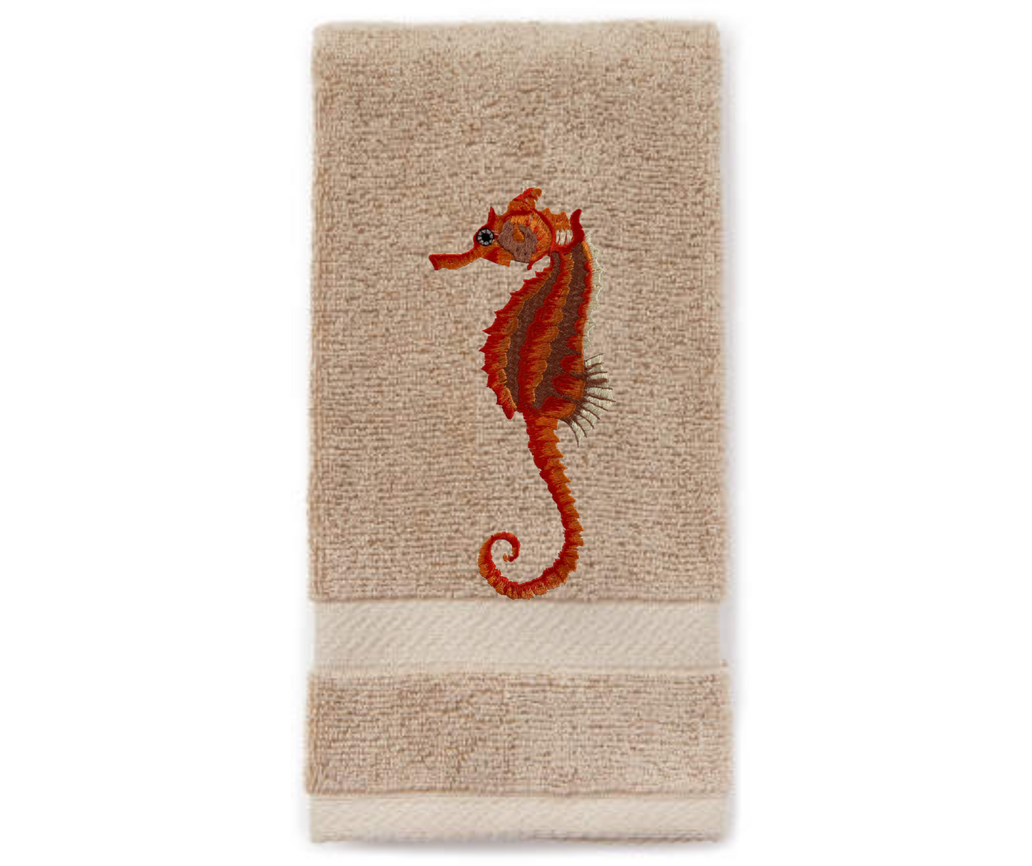 Seahorse Embroidered Bath Hand Towel. Beautifully Detailed Vibrant Orange Shades