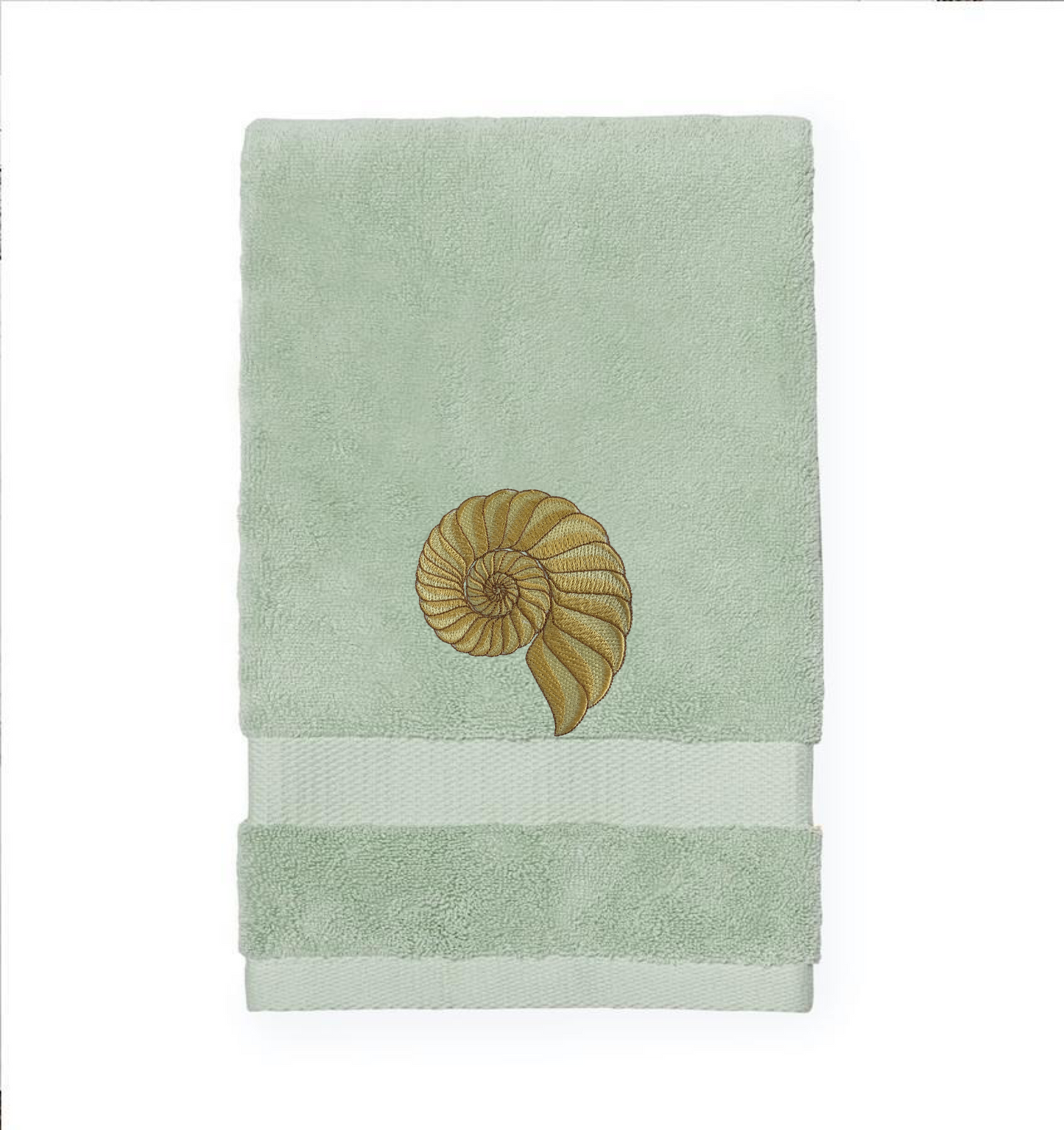 Embroidered Nautilus Shell Hand Towel. Elegant Nautilus in Beige or Green Embroidery with choice of towel color