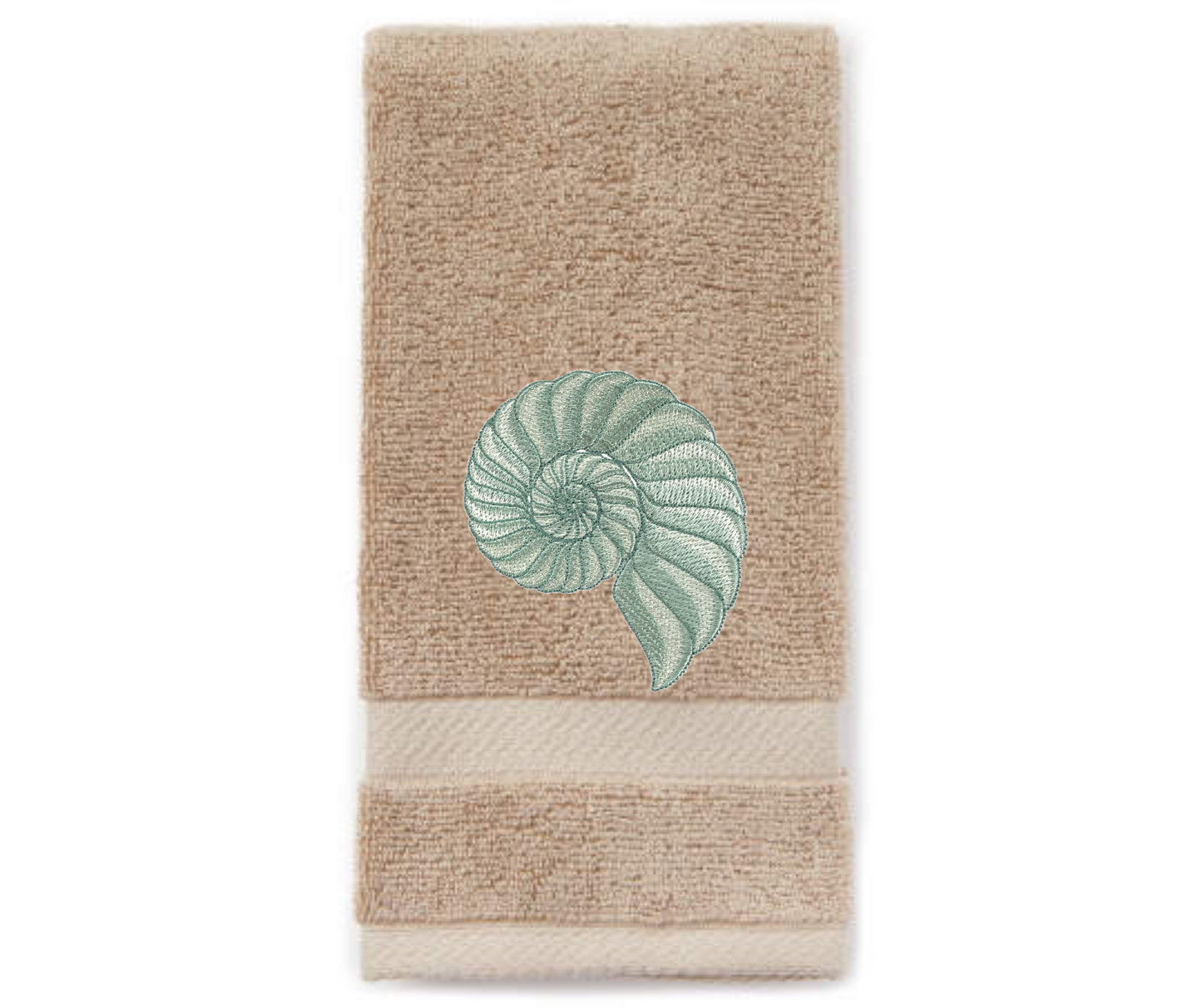 Embroidered Nautilus Shell Hand Towel. Elegant Nautilus in Beige or Green Embroidery with choice of towel color