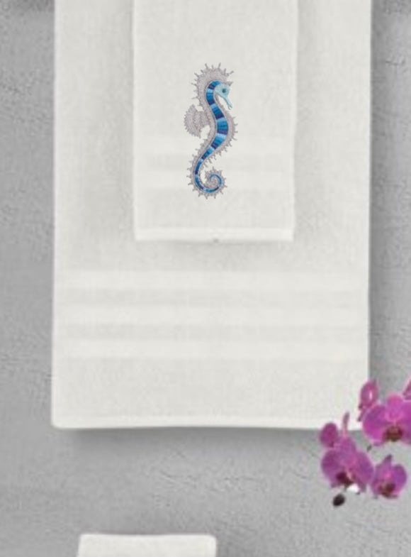 Embroidered Seahorse Bath Hand Towel. Gorgeous Ocean Seahorse in Blue Shades
