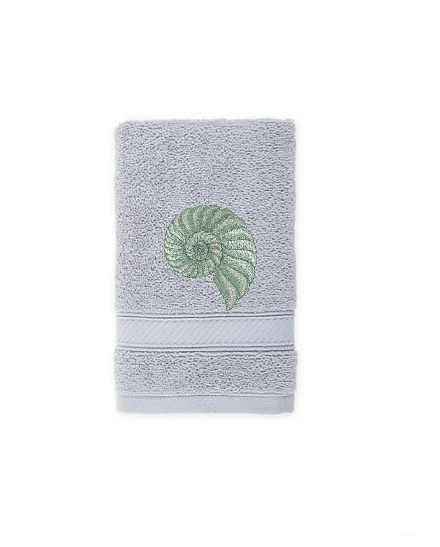 Embroidered Nautilus Shell Hand Towel. Elegant Nautilus in Beige or Green Embroidery with choice of towel color