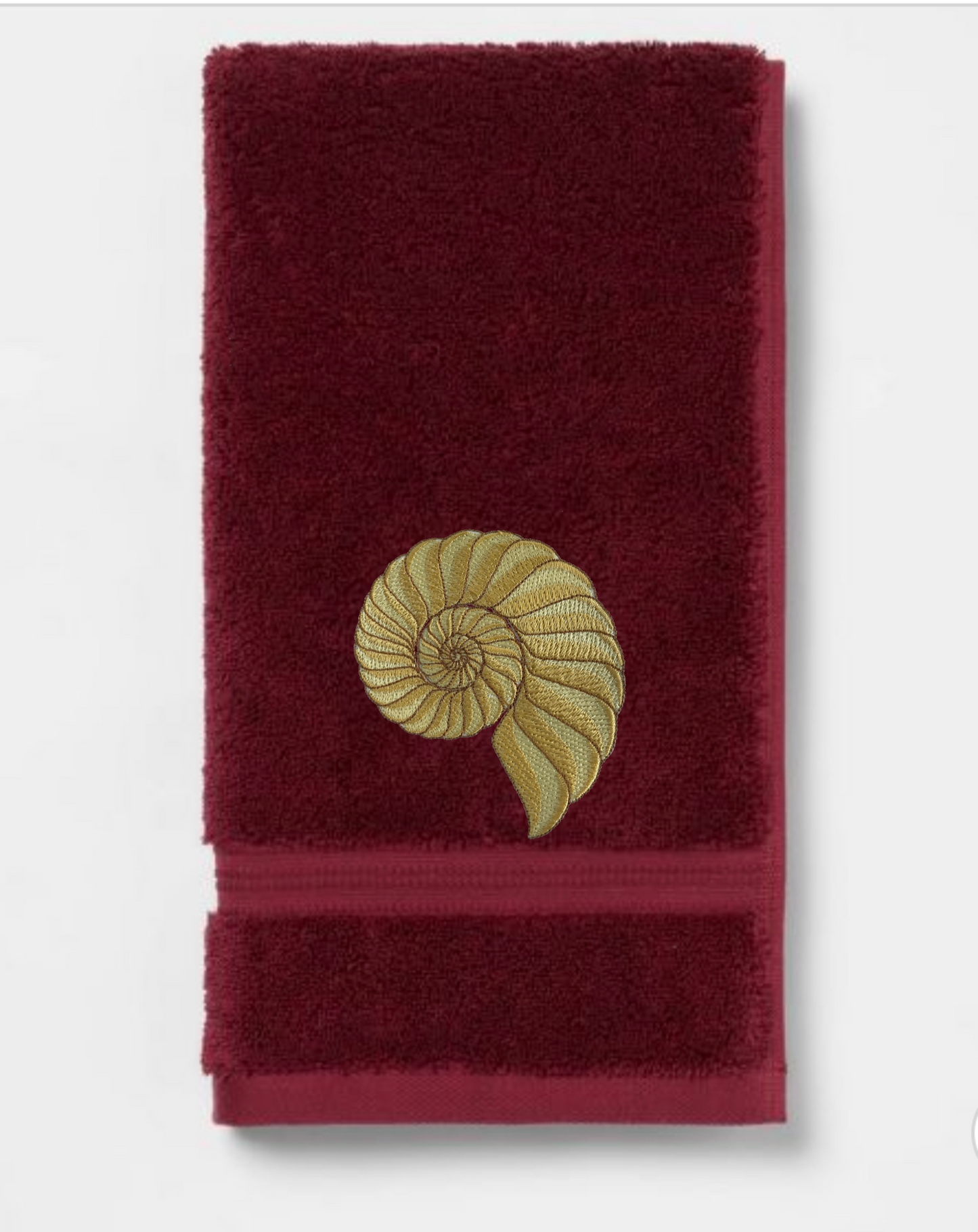 Embroidered Nautilus Shell Hand Towel. Elegant Nautilus in Beige or Green Embroidery with choice of towel color