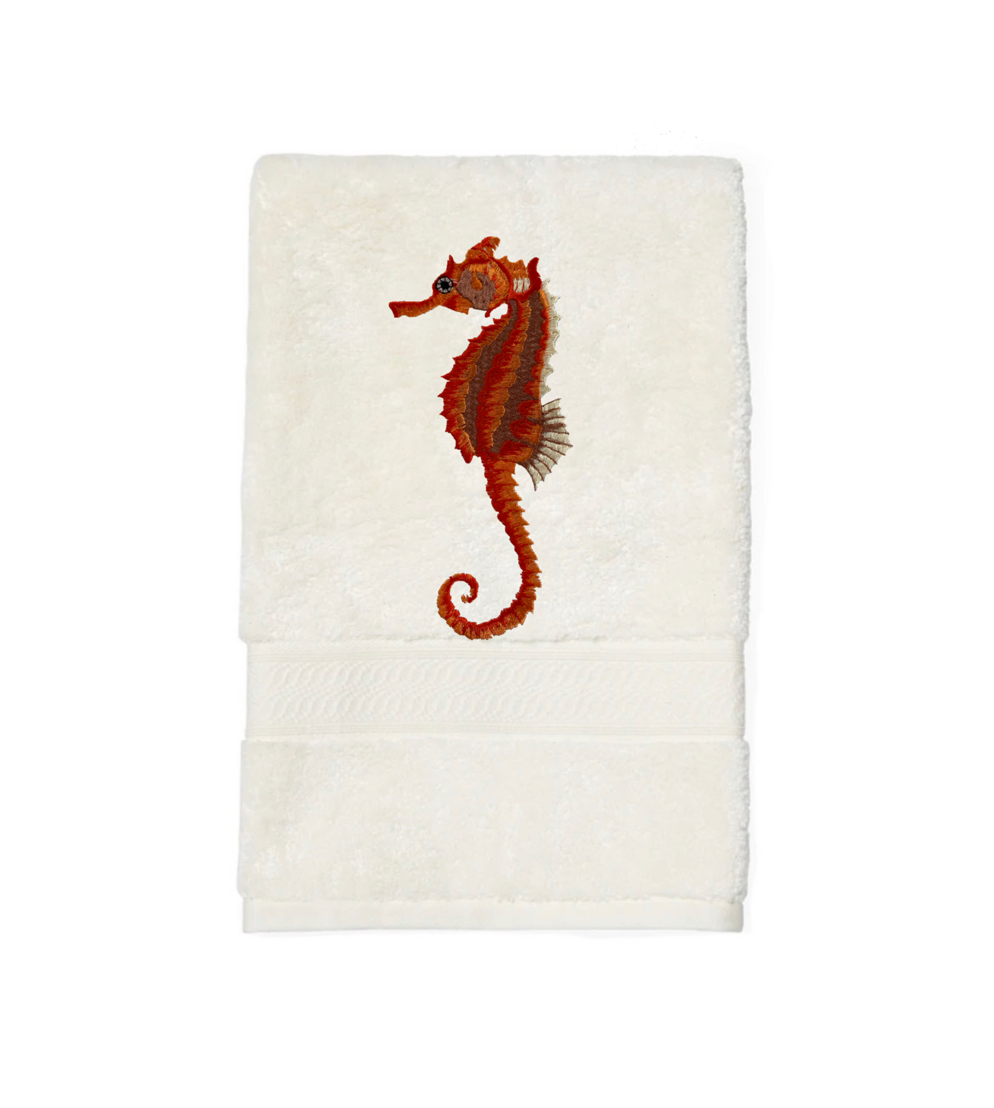 Seahorse Embroidered Bath Hand Towel. Beautifully Detailed Vibrant Orange Shades