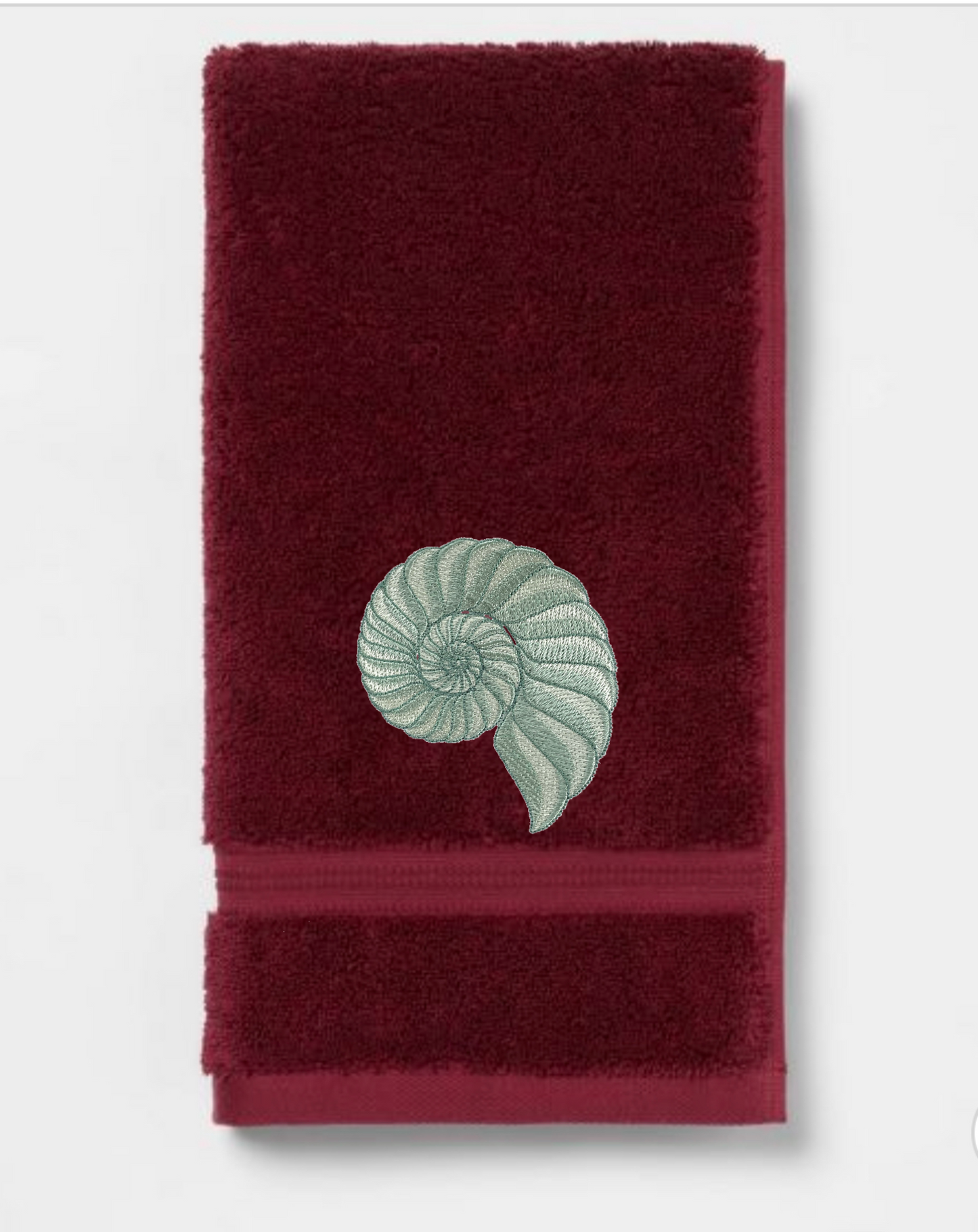 Embroidered Nautilus Shell Hand Towel. Elegant Nautilus in Beige or Green Embroidery with choice of towel color