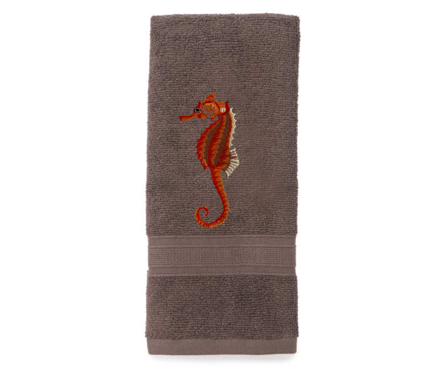 Seahorse Embroidered Bath Hand Towel. Beautifully Detailed Vibrant Orange Shades