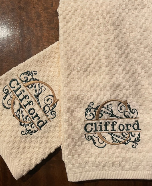 Embroidered Custom Kitchen Towel. Monogram and Name on Cotton Tea Towel