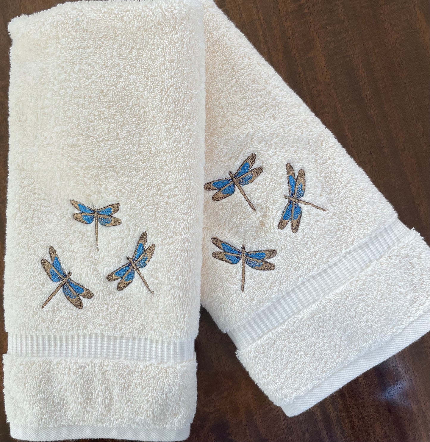 Dragonfly Embroidered Guest Bath Hand Towel. Trio of Dragonflies on Cotton Hand Towel