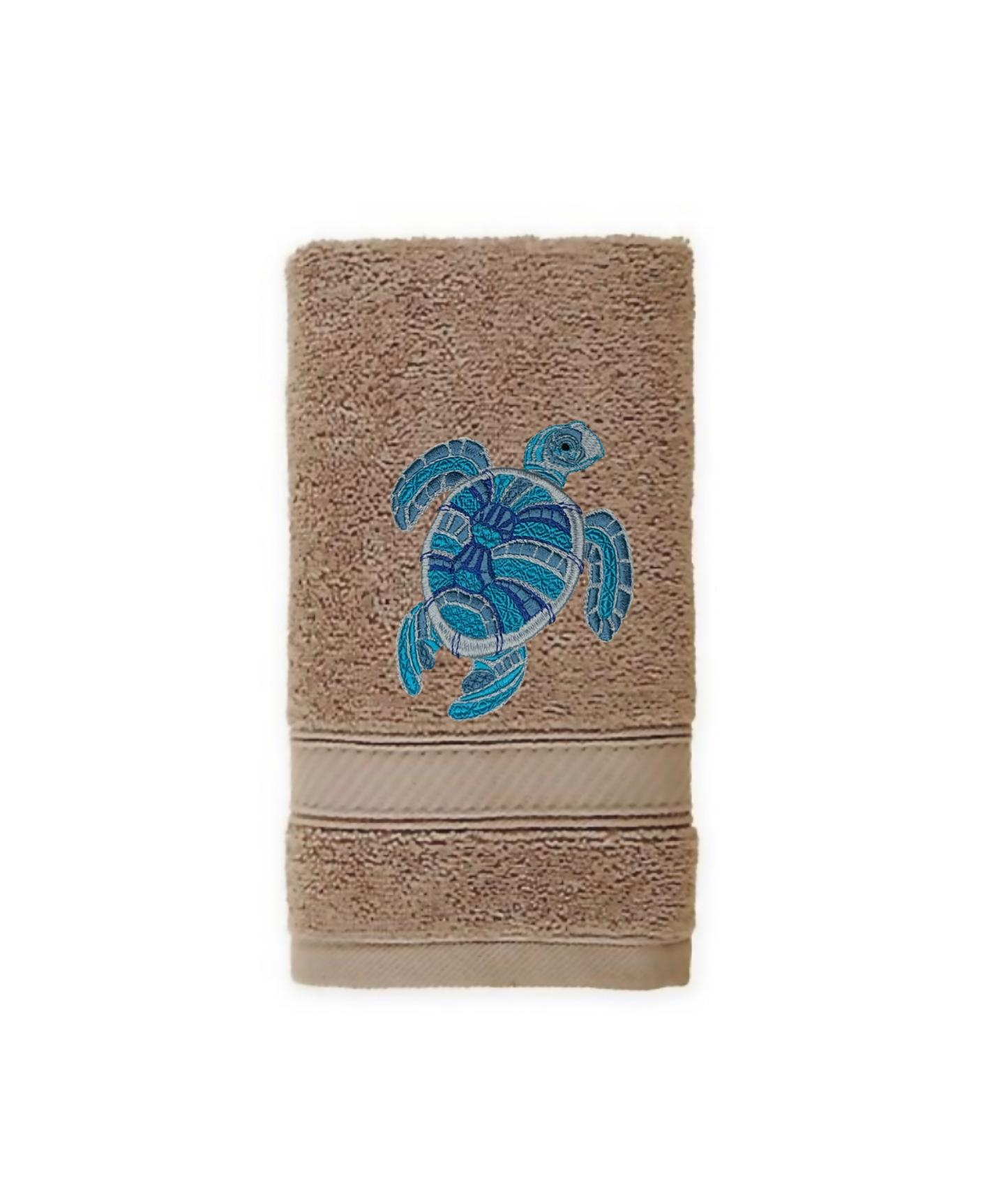 Embroidered Hand Towel Sea Turtle. Beautifully Detailed Sea Turtle in Blue or Green Embroidery