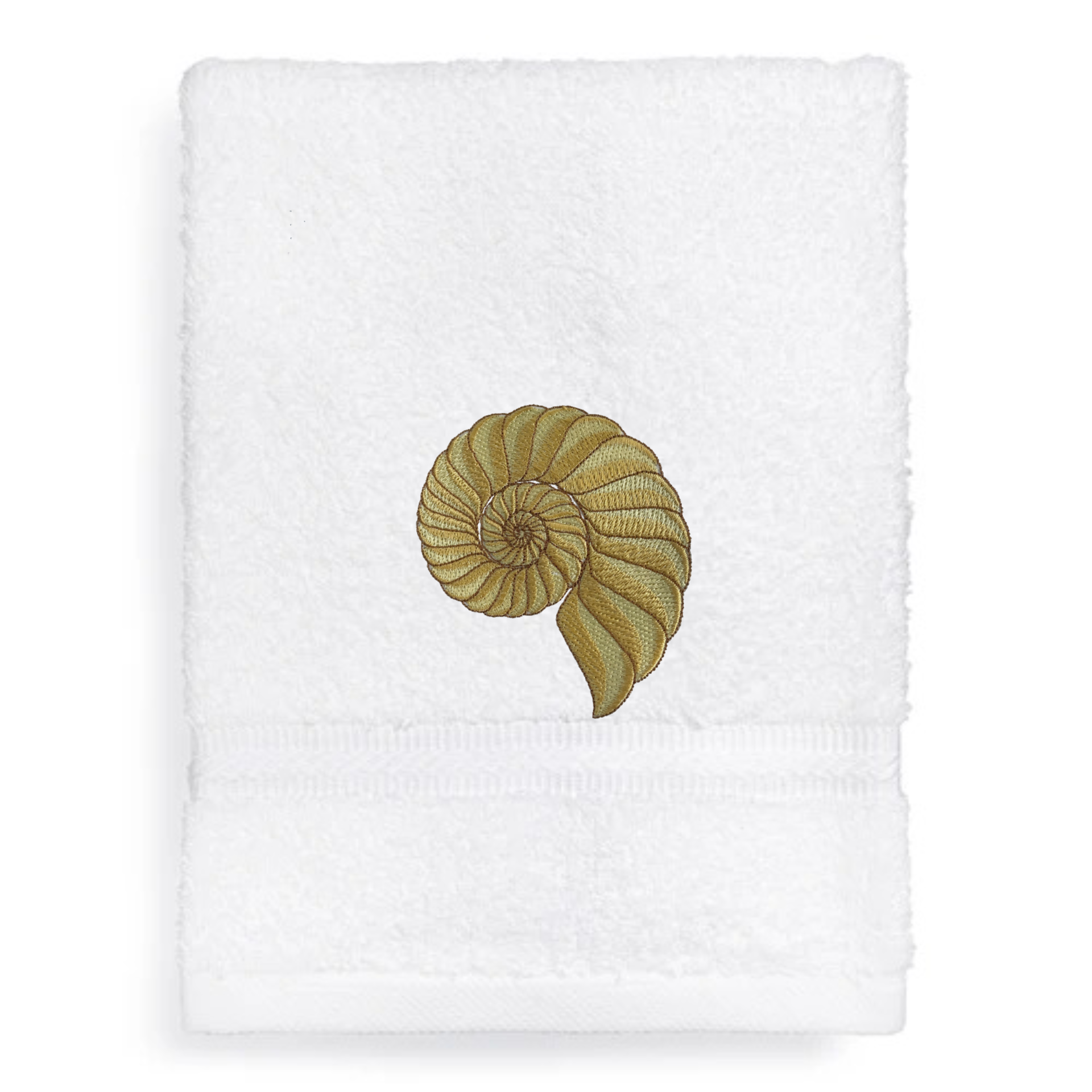 Embroidered Nautilus Shell Hand Towel. Elegant Nautilus in Beige