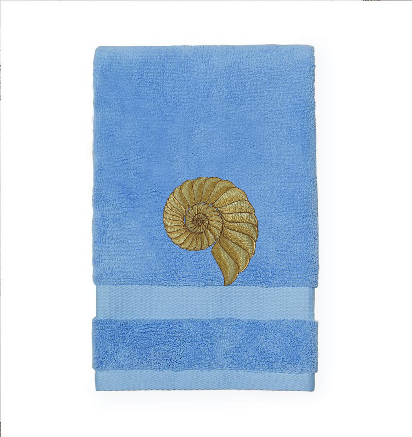 Embroidered Nautilus Shell Hand Towel. Elegant Nautilus in Beige or Green Embroidery with choice of towel color