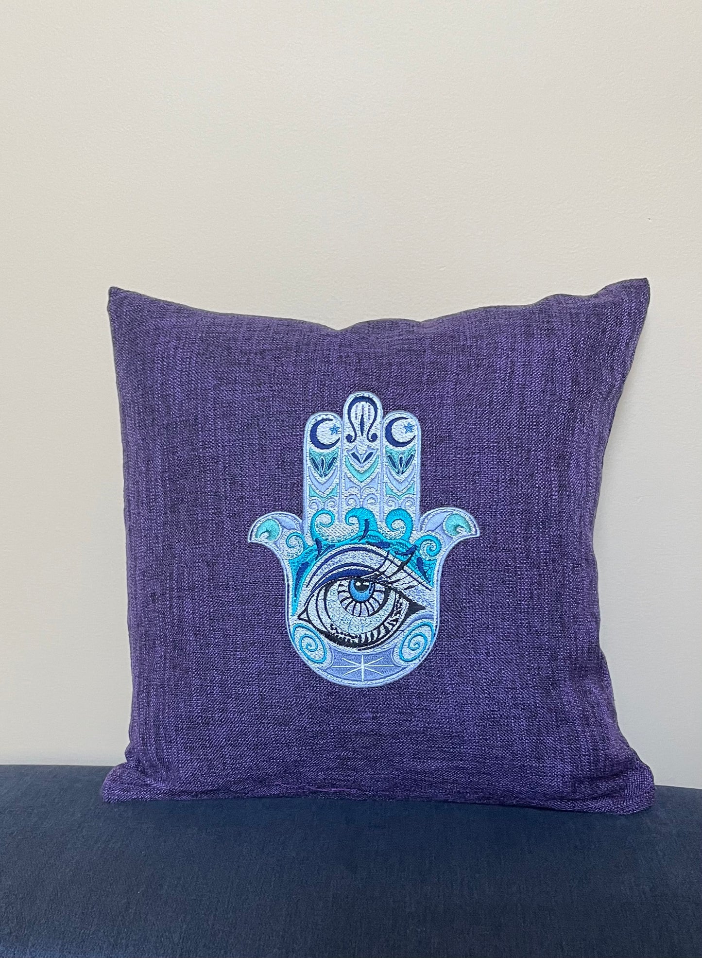 Hamsa with Eye Throw Pillow Cover 16" x 16" Cotton. Embroidered Decorative pillow Cover
