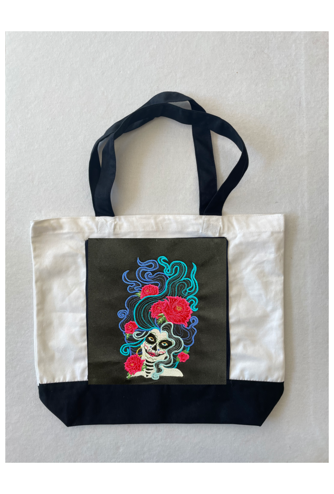 Day of The Dead Embroidered Cotton Canvas Tote Bag with Pocket