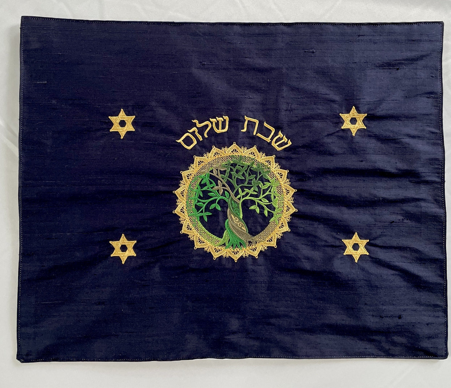 Tree of Life Challah Cover | Embroidered Shantung Silk and Peau de Soie Satin