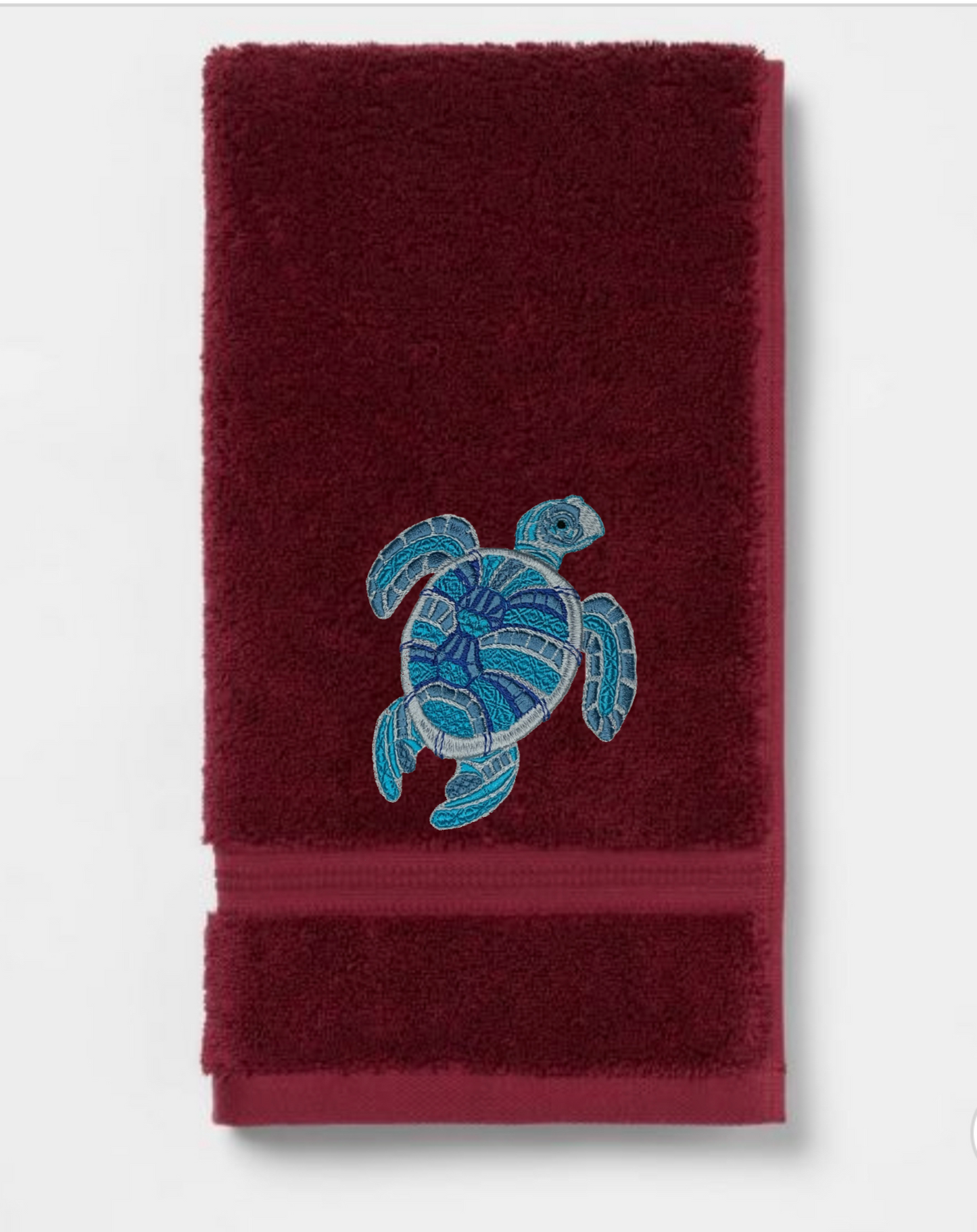 Embroidered Hand Towel Sea Turtle. Beautifully Detailed Sea Turtle in Blue or Green Embroidery