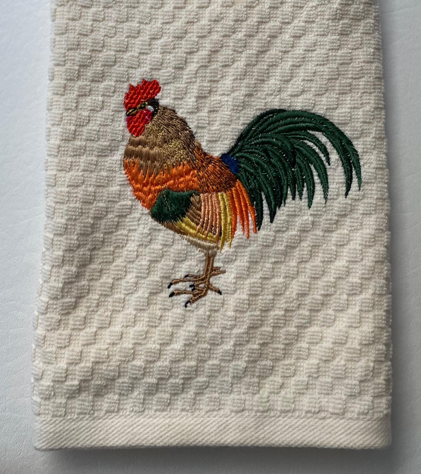 Rooster Embroidered Kitchen Towel. Detailed Realistic Rooster