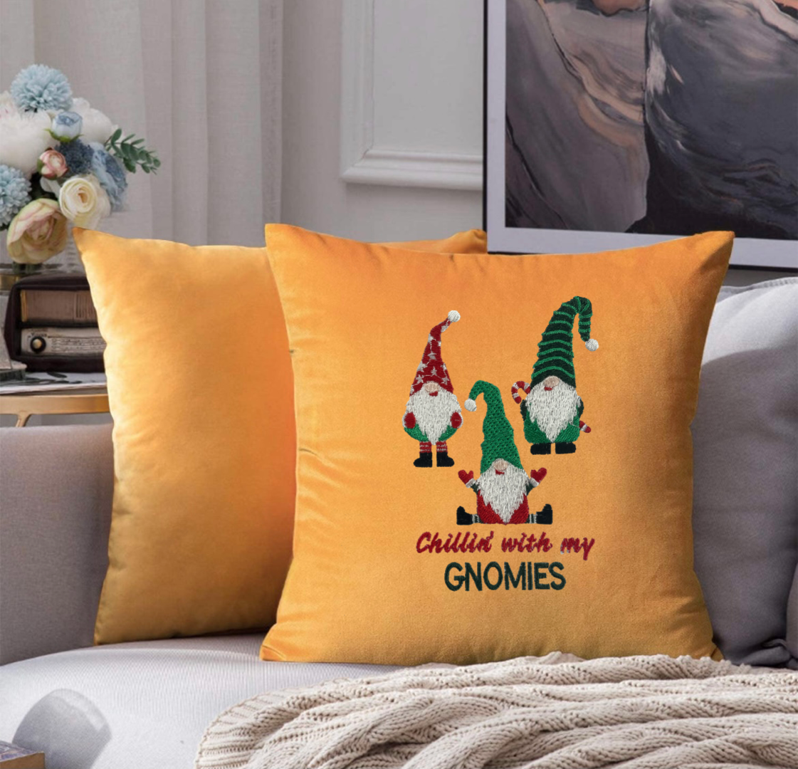 Christmas Gnomes Embroidered Throw Pillow Cover 18" x 18” Cotton or Velvet Accent Pillow Cover Zip Closure.