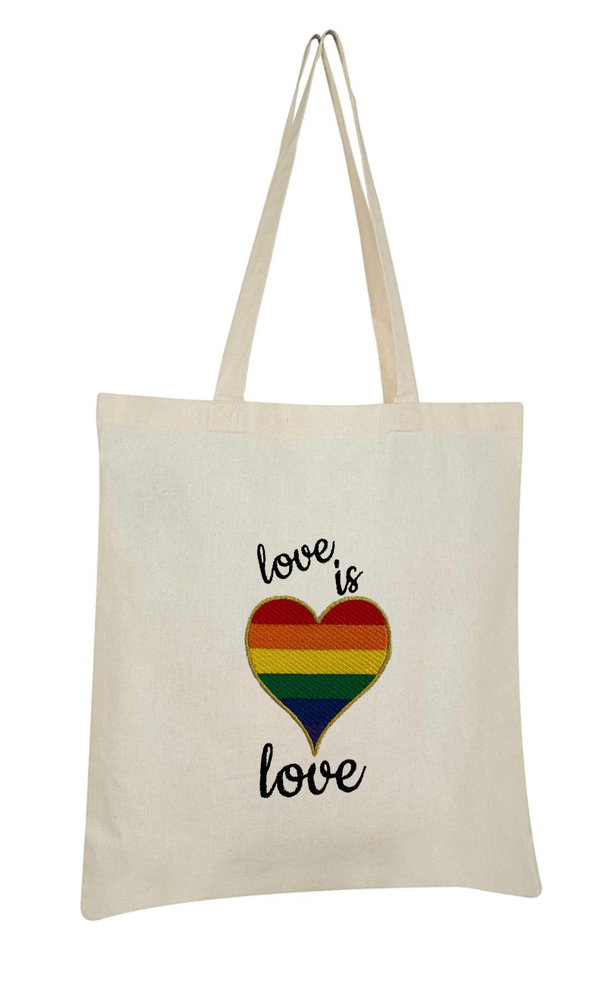 Rainbow Heart Love is Love Pride Embroidered Cotton Canvas Market Bag. Choice of 5 different bags