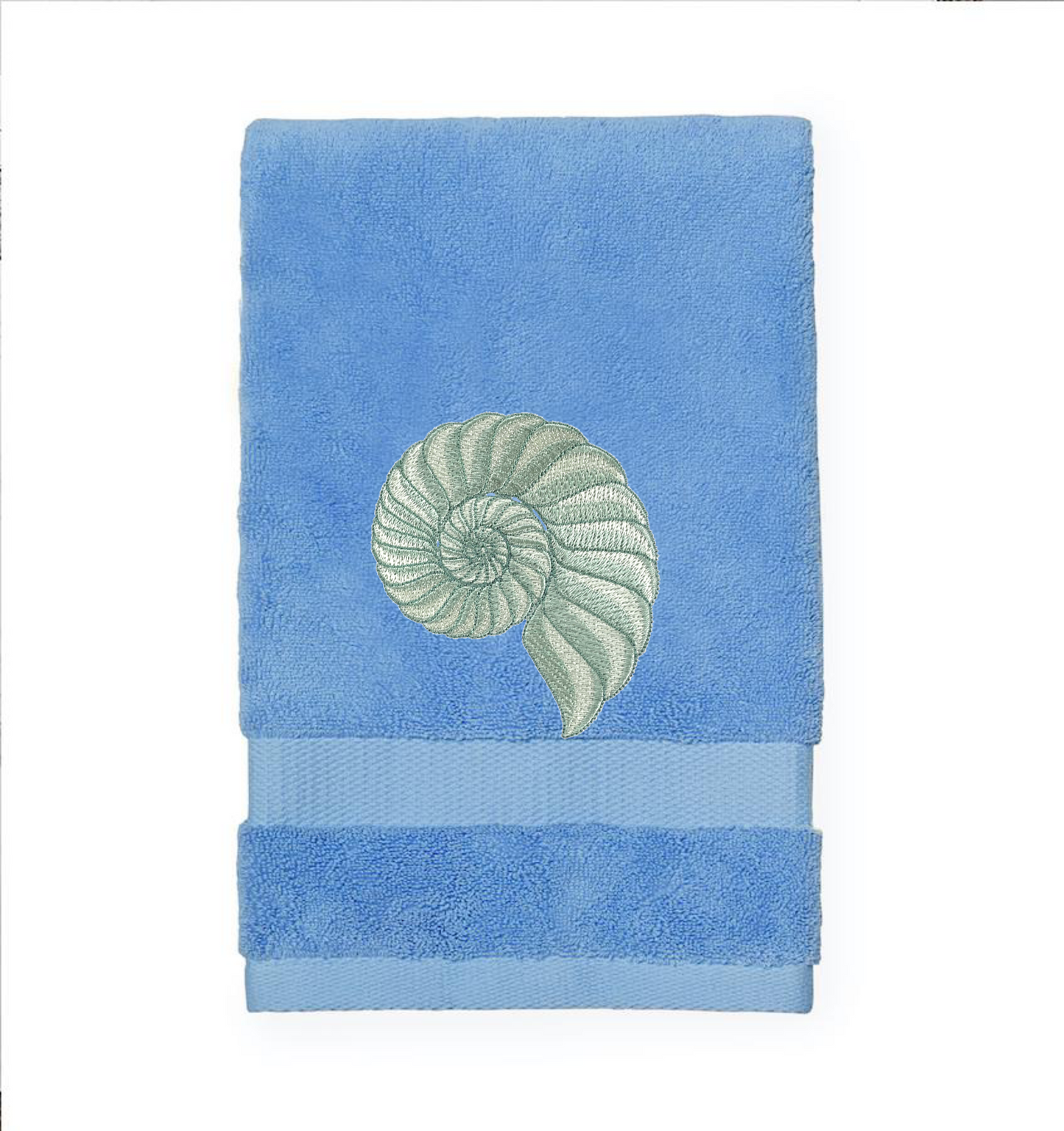 Embroidered Nautilus Shell Hand Towel. Elegant Nautilus in Beige or Green Embroidery with choice of towel color