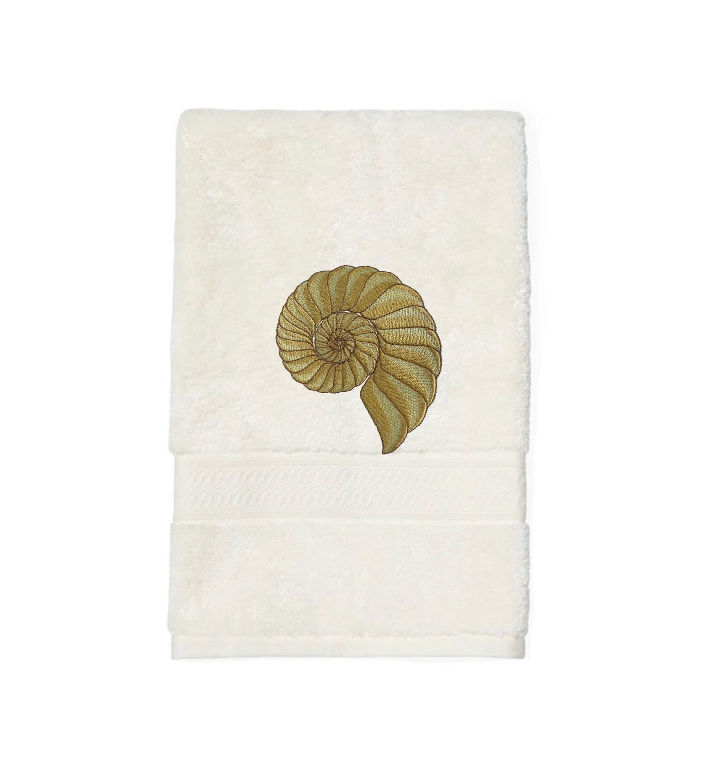 Embroidered Nautilus Shell Hand Towel. Elegant Nautilus in Beige or Green Embroidery with choice of towel color