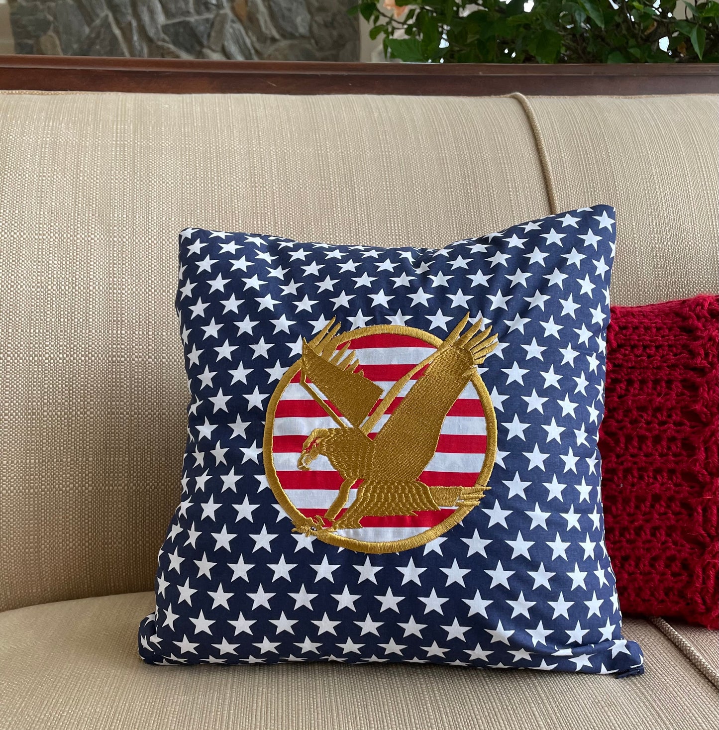 Patriotic Eagle Stars and Stripes Throw Pillow Cover. Embroidered Eagle on Cotton Decorative Pillow Cover