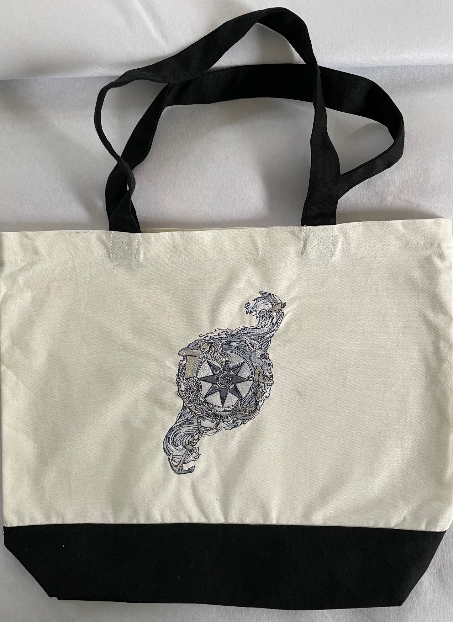 Mermaid With Compass Embroidered Cotton Canvas Tote Bag
