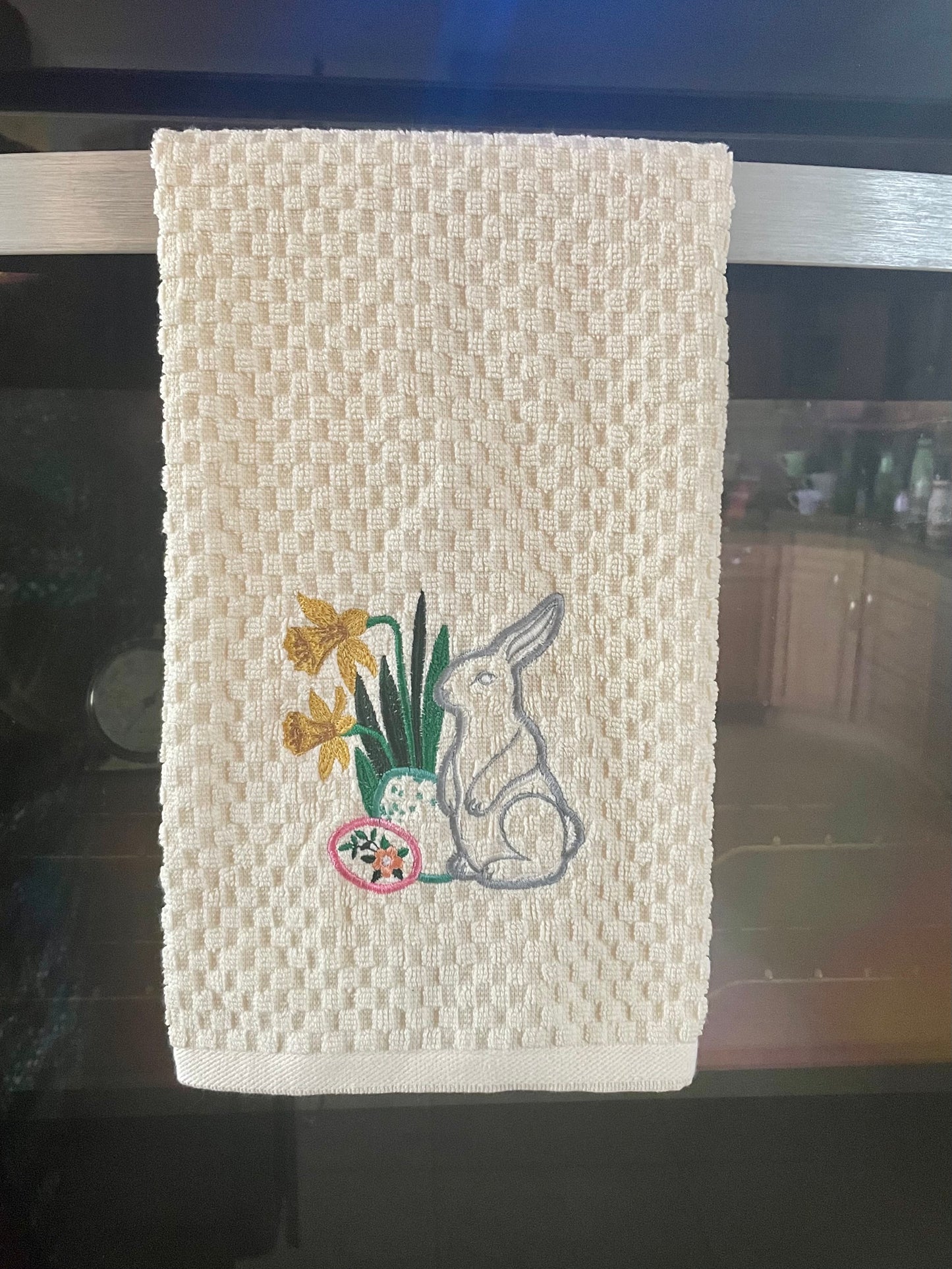 Easter Rabbit with Daffodils Embroidered Towel. Embroidered on Kitchen or Guest Bath Hand Towels