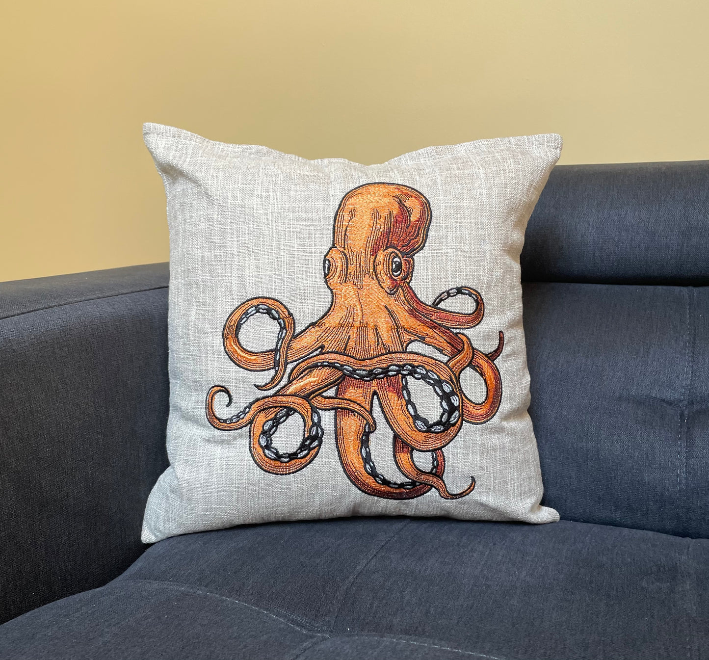 Octopus Throw Pillow Cover 16” x 16” Cotton Cover Zip Closure. Embroidered Octopus